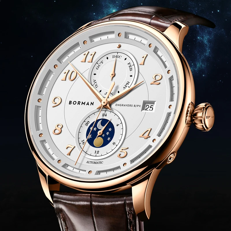 

BORMAN Branded Designer Luxury Mechanical Wristwatch Calendar Date Casual Dress 5ATM Water-resistant Automatic Watches Men