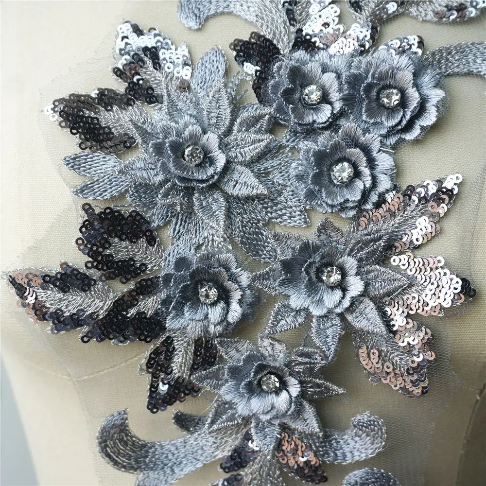 Gold Silver Blue Red Lace Fabric Sequin 3D Flowers Rhinestone Wedding Gown Appliques Embroidery Sew Patch For Dress DIY Decor