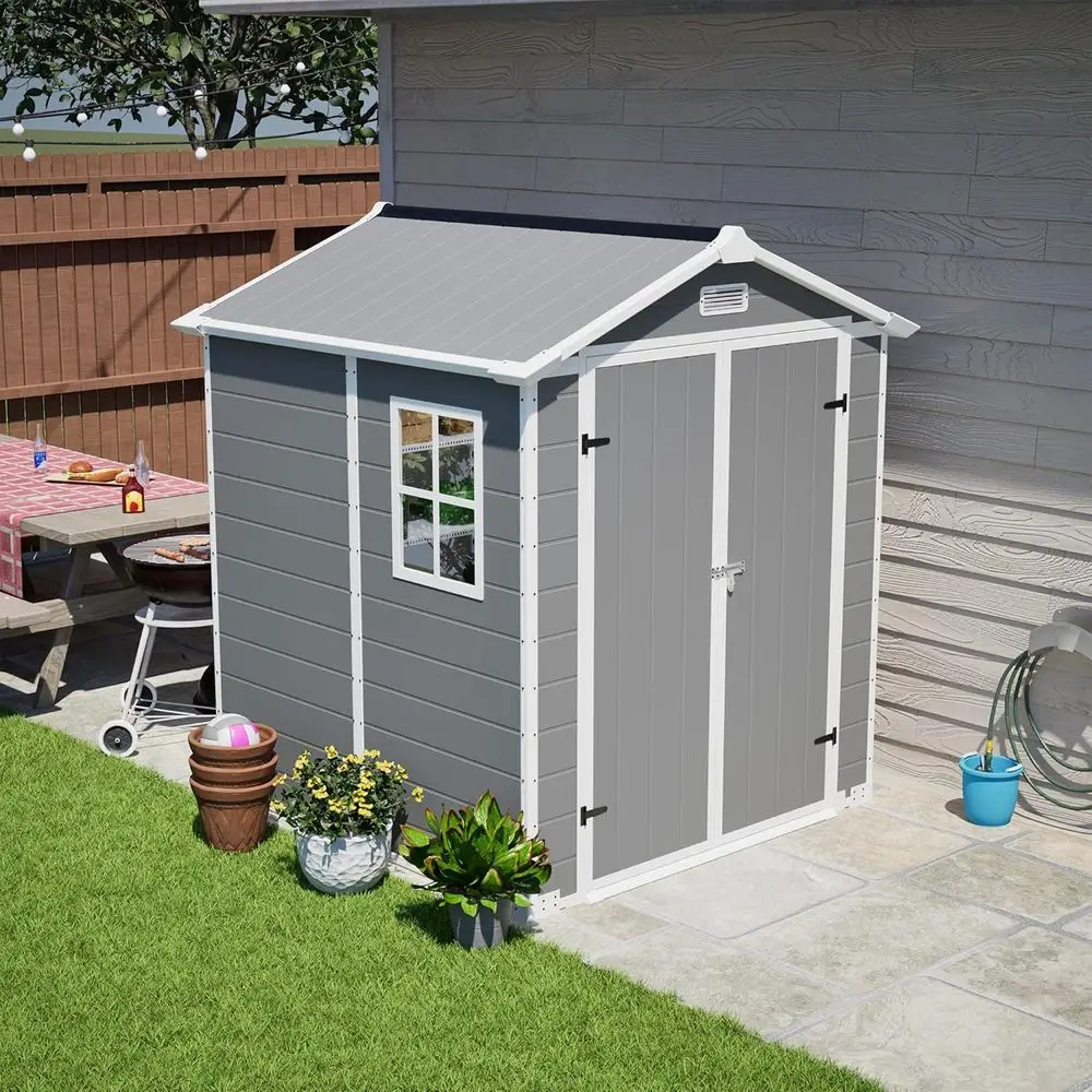 Grey 6x6 ft Outdoor Plastic Storage Shed Kit - Ideal for Patio Furniture, Garden Tools, Bikes, Beach Chairs, Lawn Mower