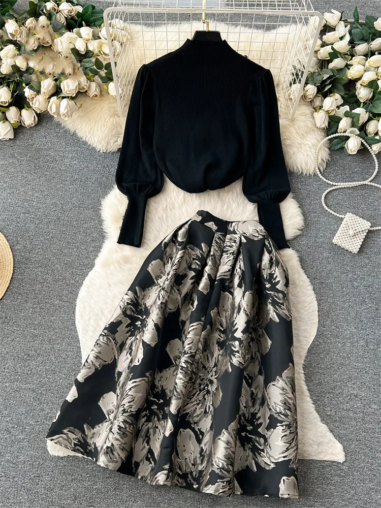 السيدات الرجعية سترة الدعاوى موضة فانوس كم البلوفرات فضفاضة ألف خط التنانير الطويلة طباعة محبوك قطعتين مجموعات تأليف #2