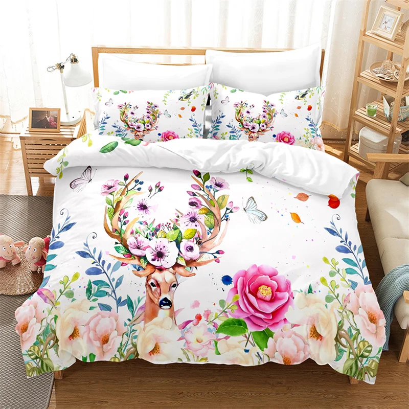 

Flower Deer Bedding Sets Cartoon Animal Kid‘s Duvet Cover Boys Girls Cute King Quilt Cover Bedroom Bed Set Queen Bedding Set