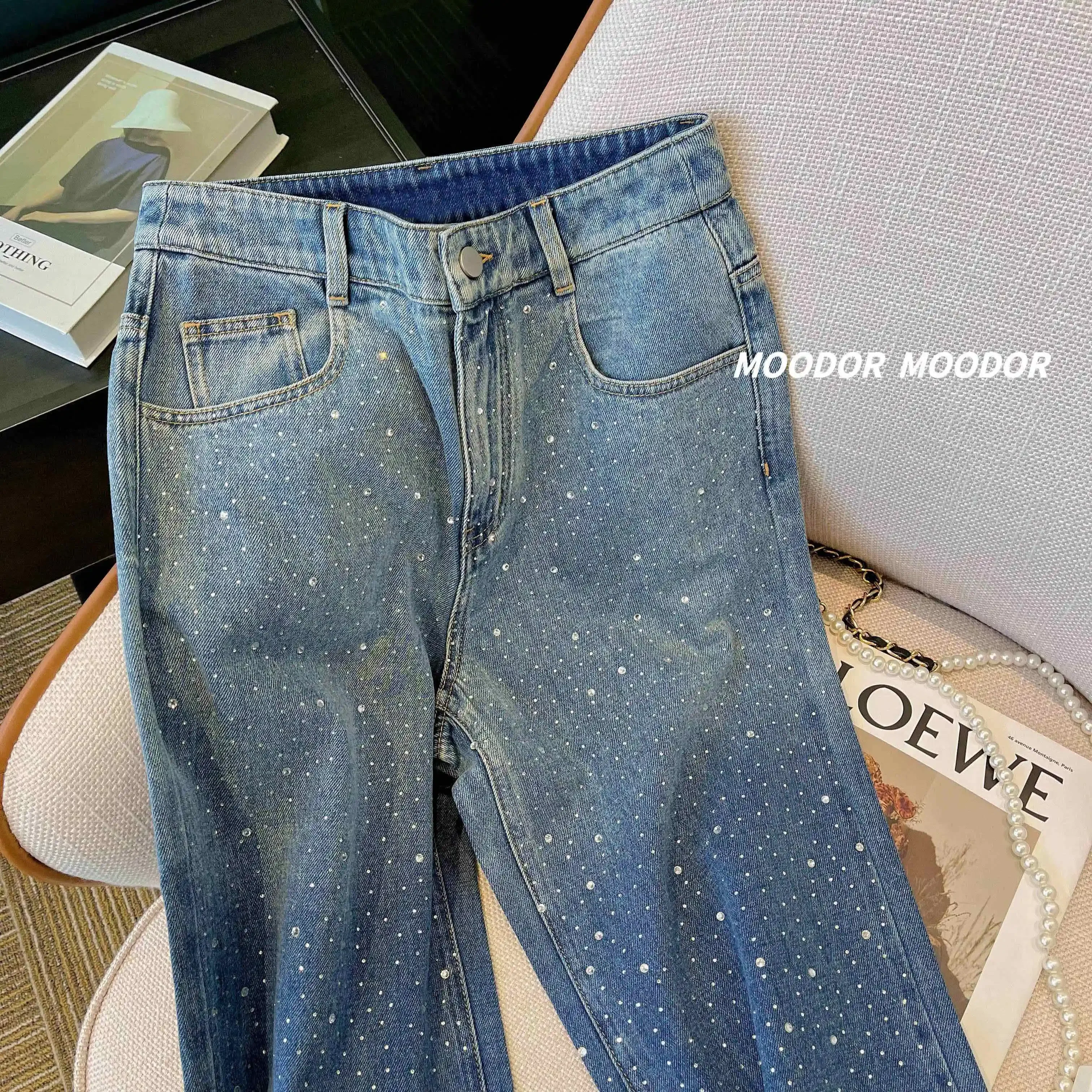 2024 Vintage Dot Print High Waist Wide Leg Baggy Jeans Pants Korean Fashion Women High Street Style Blue Straight Denim Trouser