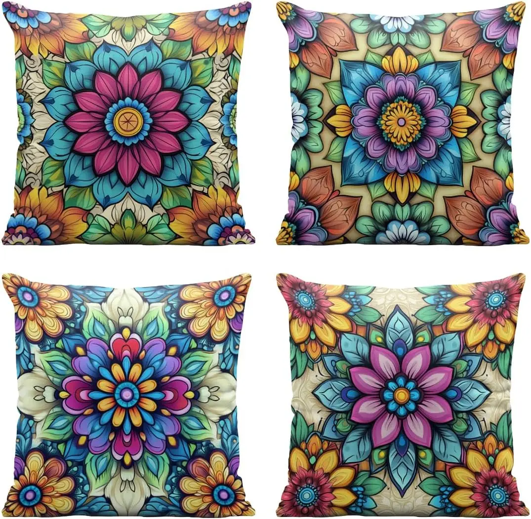 Multi Pack 4 Piece Boho Floral Mandala Pattern Throw Pillow Covers Set Decorative Vibrant Accent Cushion for Living Room Home De