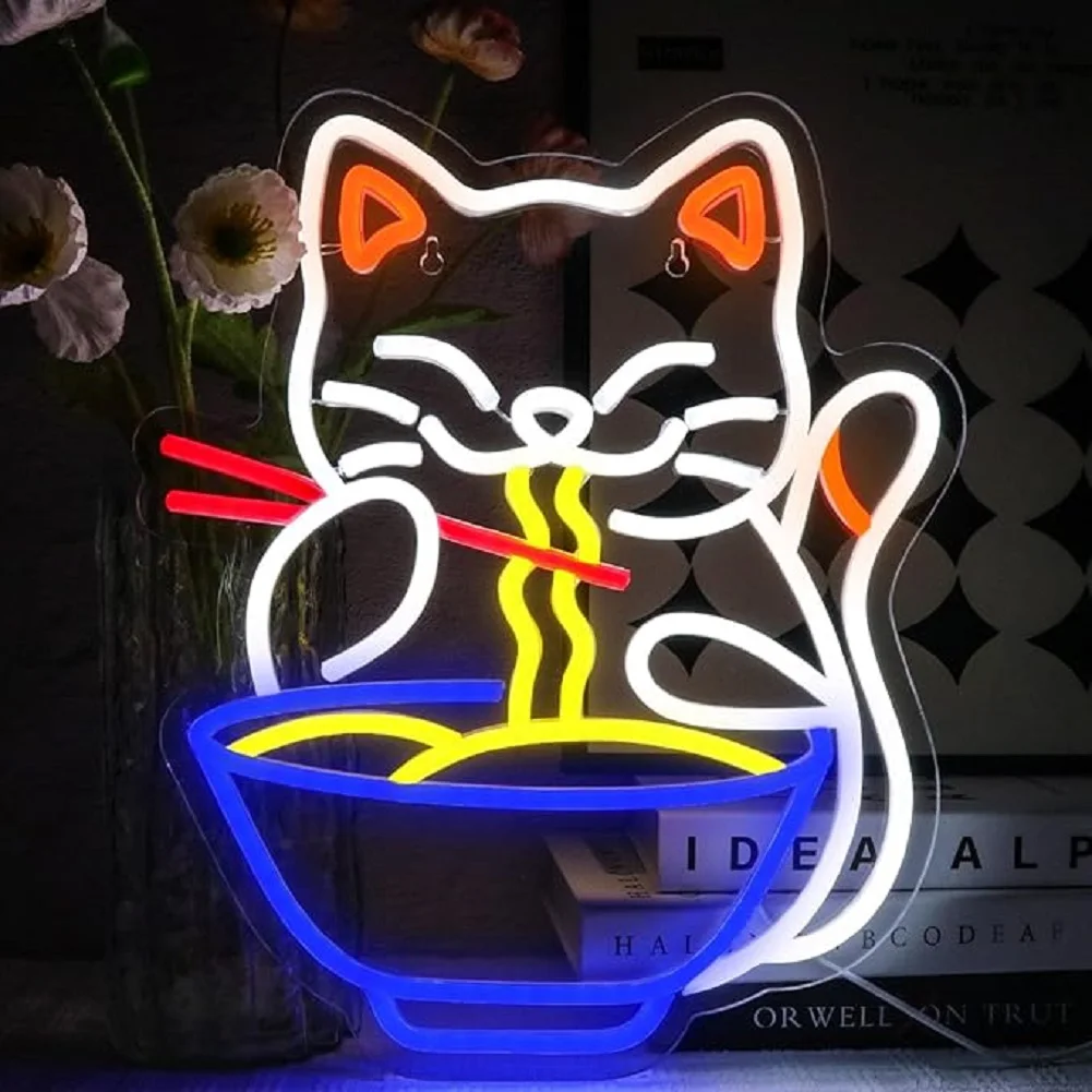 

Светодиодная неоновая вывеска Ramen Cat — изготовленная на заказ яркая открытая вывеска для магазина, ресторана, бара, настенного искусства с питанием от USB, рекламного дисплея, домашнего декора