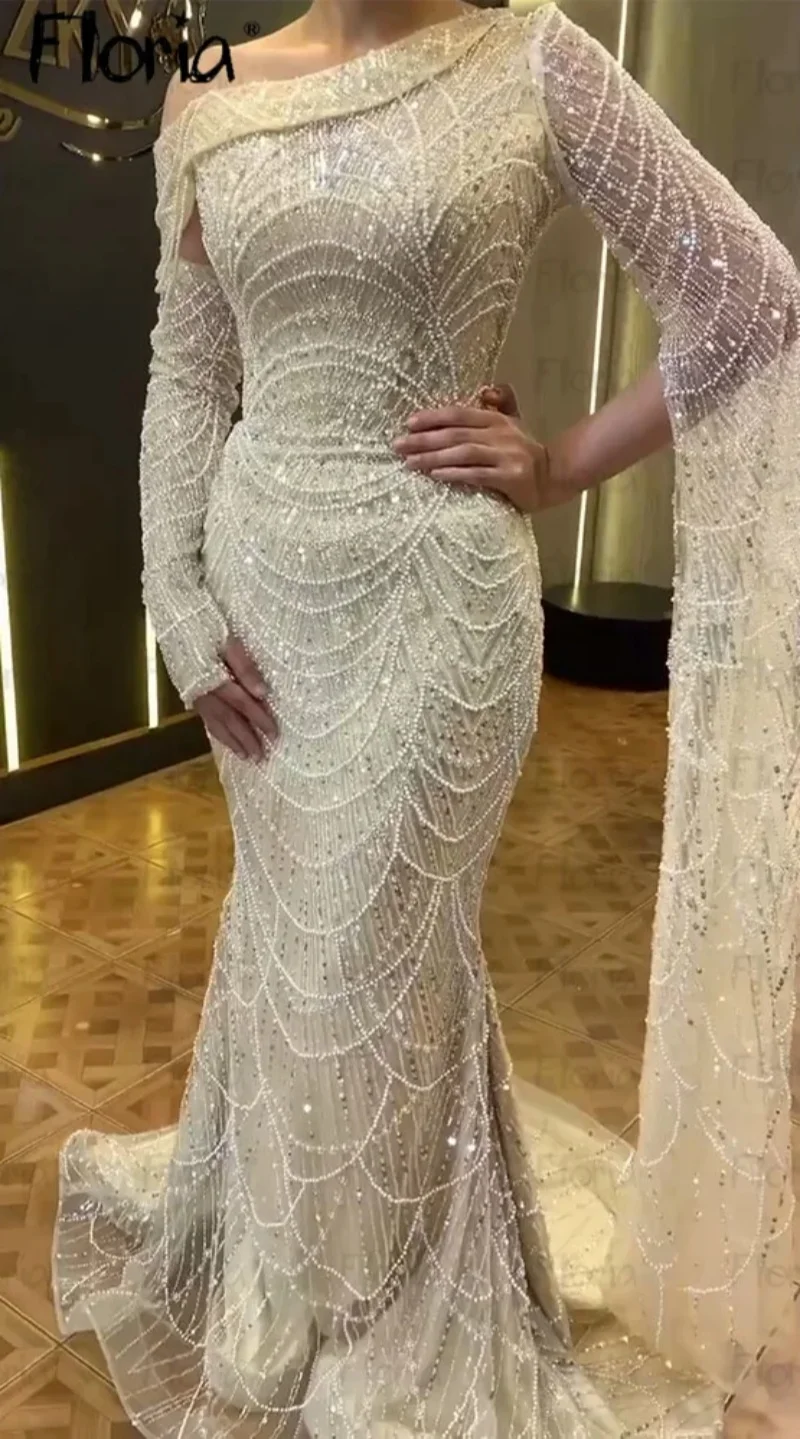 

Classic Dubai One Shoulder Mermaid Long Cape Sleeve Evening Dress Formal Gown Celebrity Dresses Pearls Prom Dress Party Gown