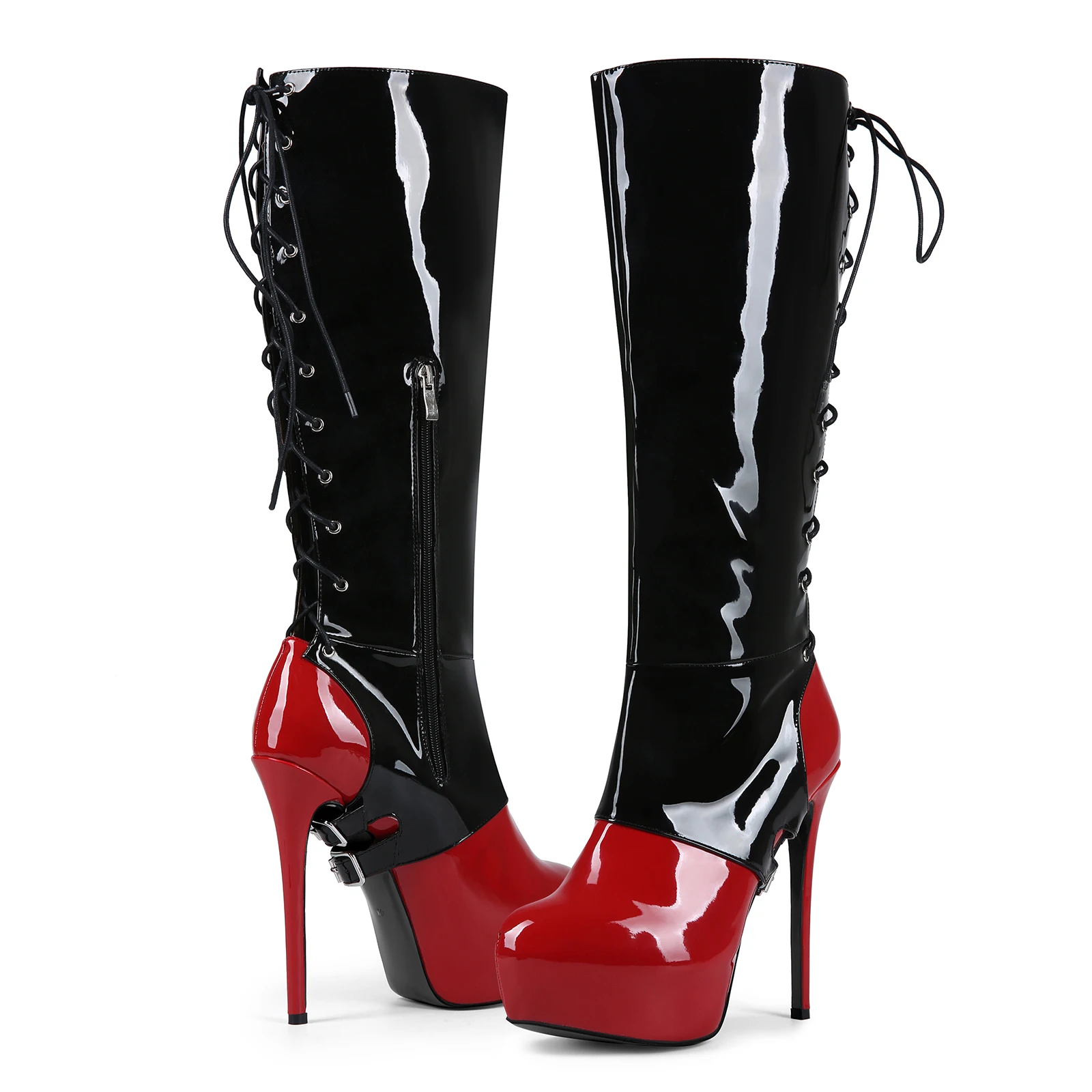 Frankie Hsu Goth Sexy Stiletto Platform Handmade Knee High Heeled Boot, Black Red Patent Gothic Punk Hot Girl Big Large Size Wide Calf Long Lace Up Boots For Women Men - view 4
