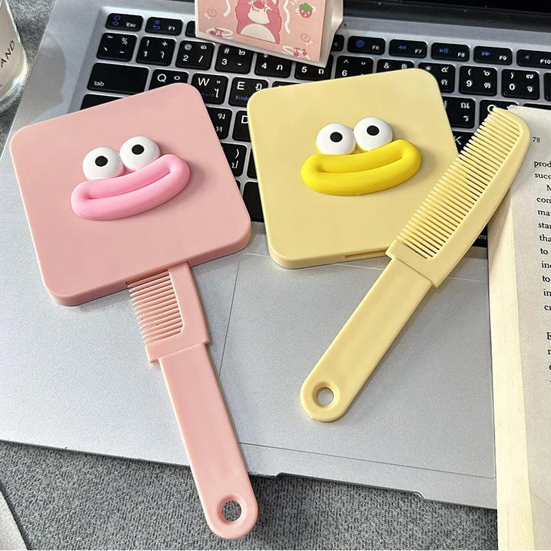 Portable Sausage Mouth Makeup Mirror With Comb Cartoon Quadrate Handle Cosmetic Mirror Girl Gift Cosmetic Tools Vanity Mirror