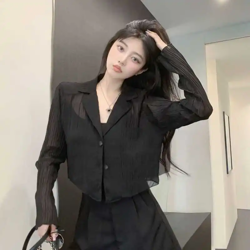 Women's Summer Fashionable Thin Loose Chiffon Ice Silk Small Suit Shirt Breathable Outerwear Open Cardigan Top Korean Style
