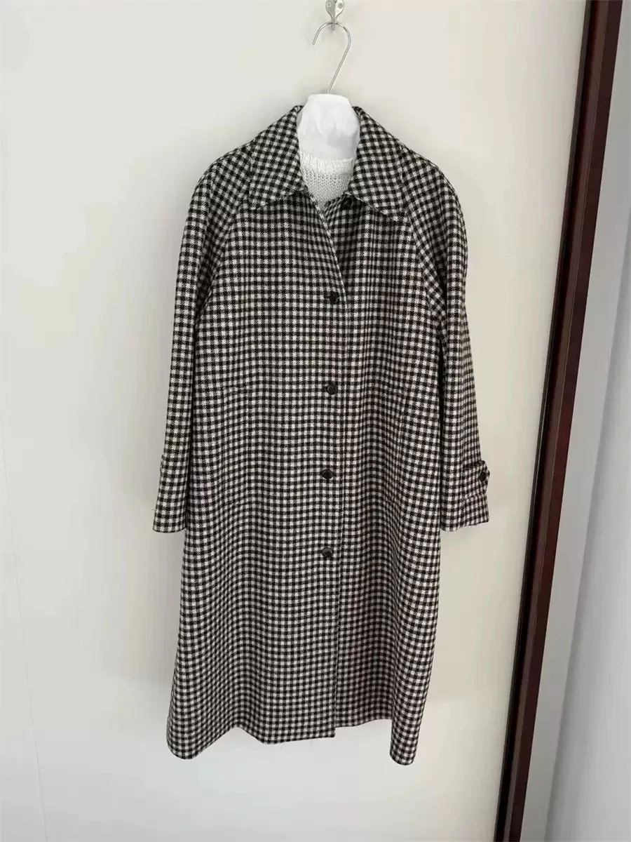 PREON Cappotto lungo di lana abbottonato con risvolto scozzese nuovo inverno vintage Cappotto da donna con bottoni singoli di media lunghezza in misto lana vestibilità ampia