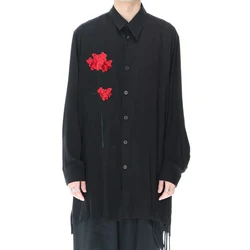 Mens Japanese Dark Style Carnation Flower Embroidered Shirt Genderless Autumn Casual Loose Mid-Length Long-Sleeve Shirt Unisex