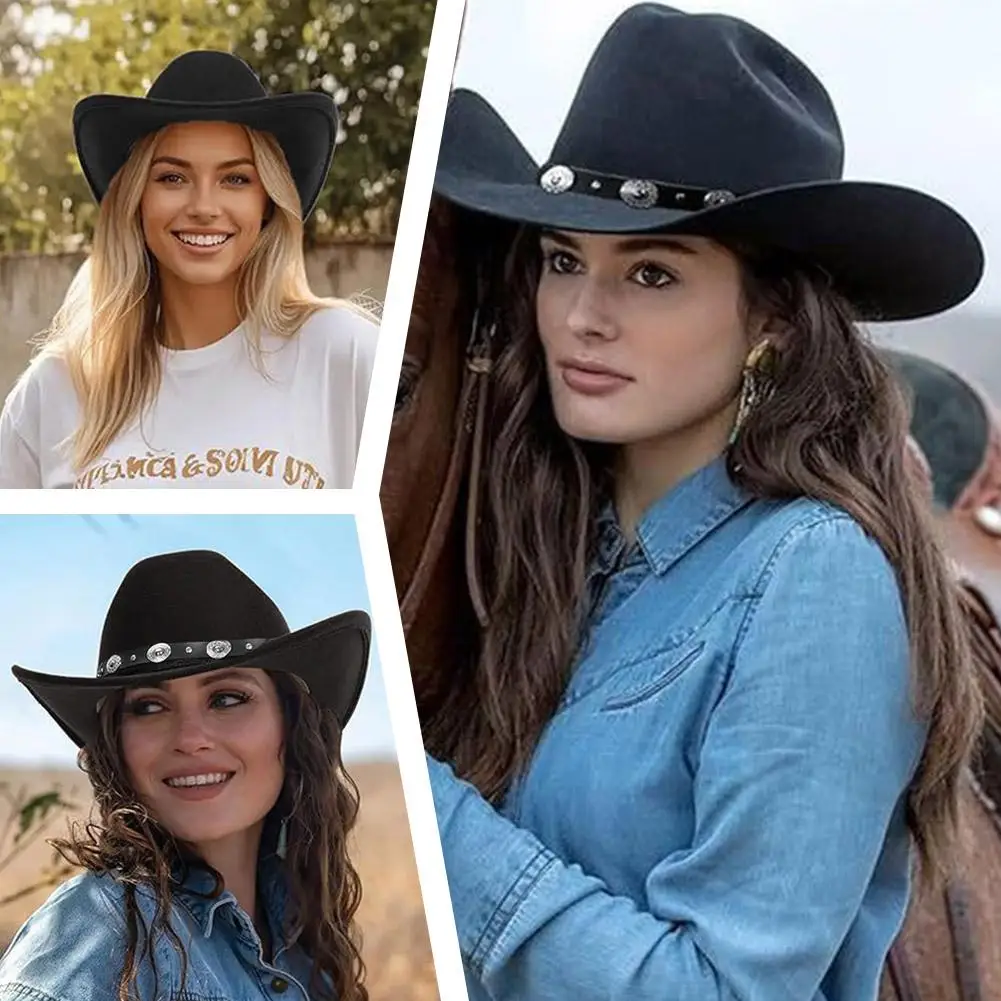 

Fashion Black Western Cowboy Hat, Classic Roll Up Brim Cowgirl Hat with Belt Buckle, Comfortable Cowgirl Sombrero Fedora