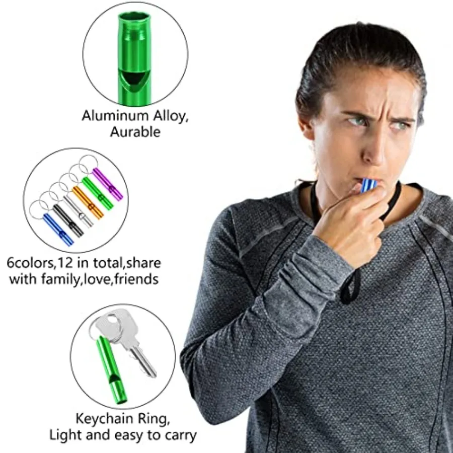 12 قطعة صافرة الطوارئ مع مفتاح سلسلة الألومنيوم اضافية بصوت عال سلامة صفارة إنقاذ المفاتيح للرياضة في الهواء الطلق التخييم التنزه Bo