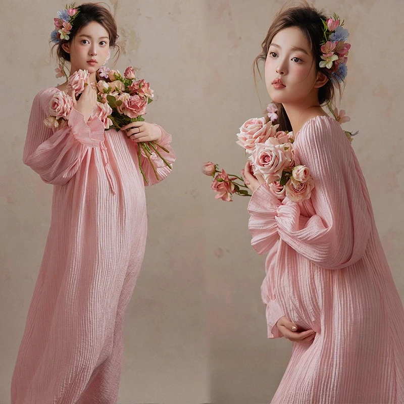 

Maternity Photography Dress Elegant Pink Gown French Style Outfit for Pregnancy Photoshoot Indoor Studio Maternity Photo Props