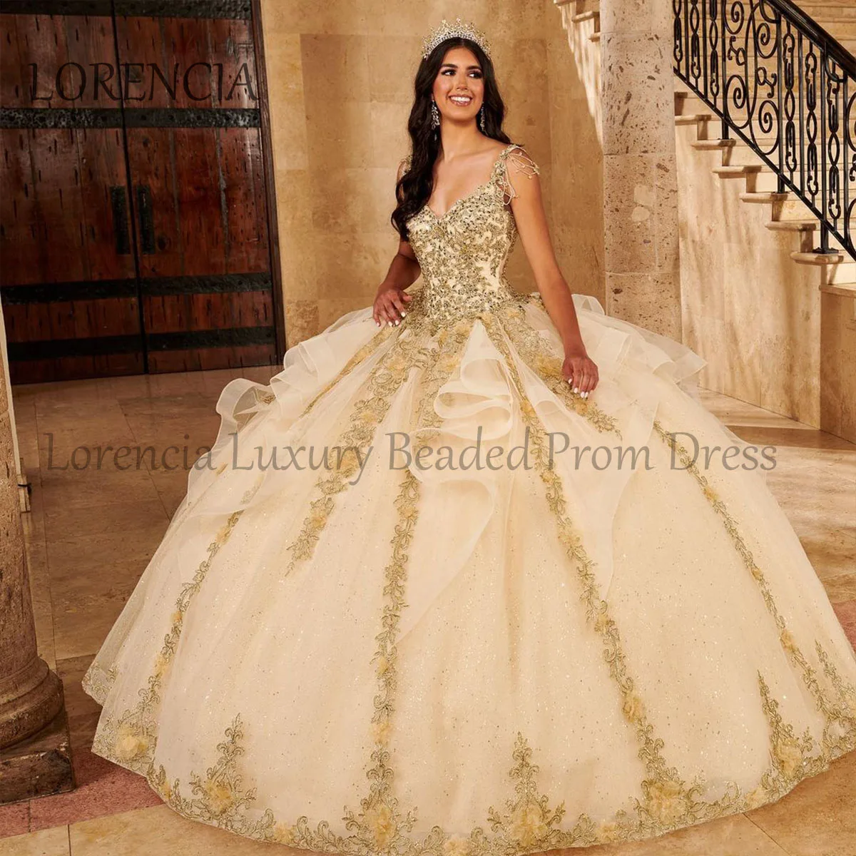 Mexican 2024 Quinceanera Dress Gold 3D Floral Long Sleeveless Appliques Crystal Beading Sweet 16 Formal Vestidos De 15 Años