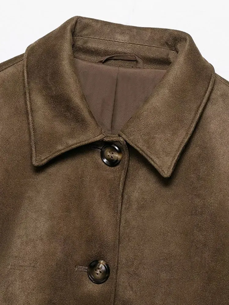 Moda feminina jaqueta de camurça falsa casaco manga longa botão-up feminino outerwear chiques topos