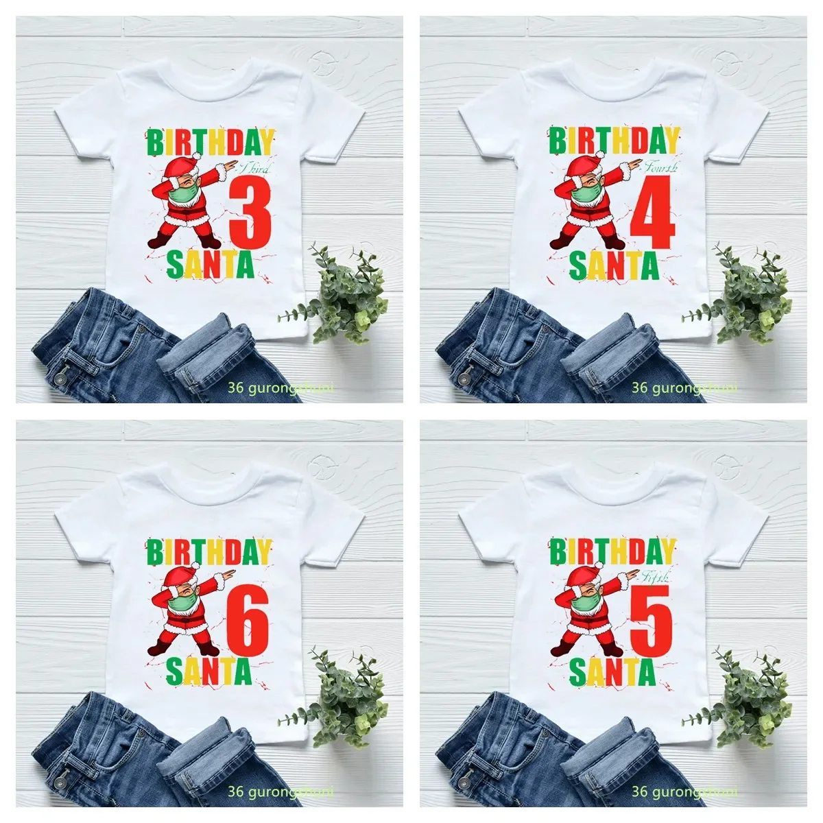 

2024 New Arrival Boys T-Shirt Cute Santa Claus Birthday Numbers 2-10 Years Old Print Girls T-Shirt Kids Christmas Name Costume