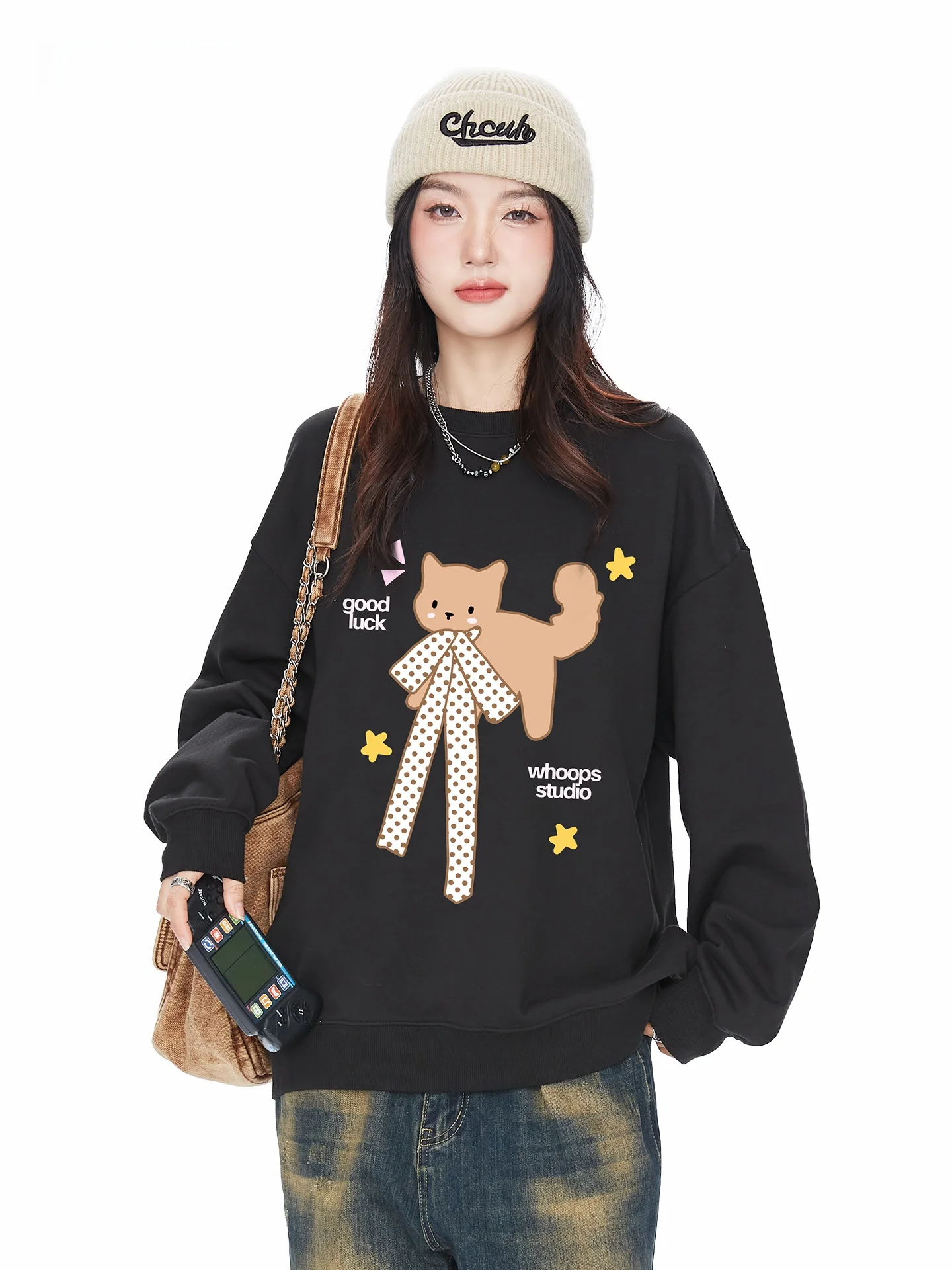 

Ретро-свитшот с узловым принтом и круглым вырезом, женский, осенне-зимний, новый, в университетском стиле, универсальный топ, корейская версия