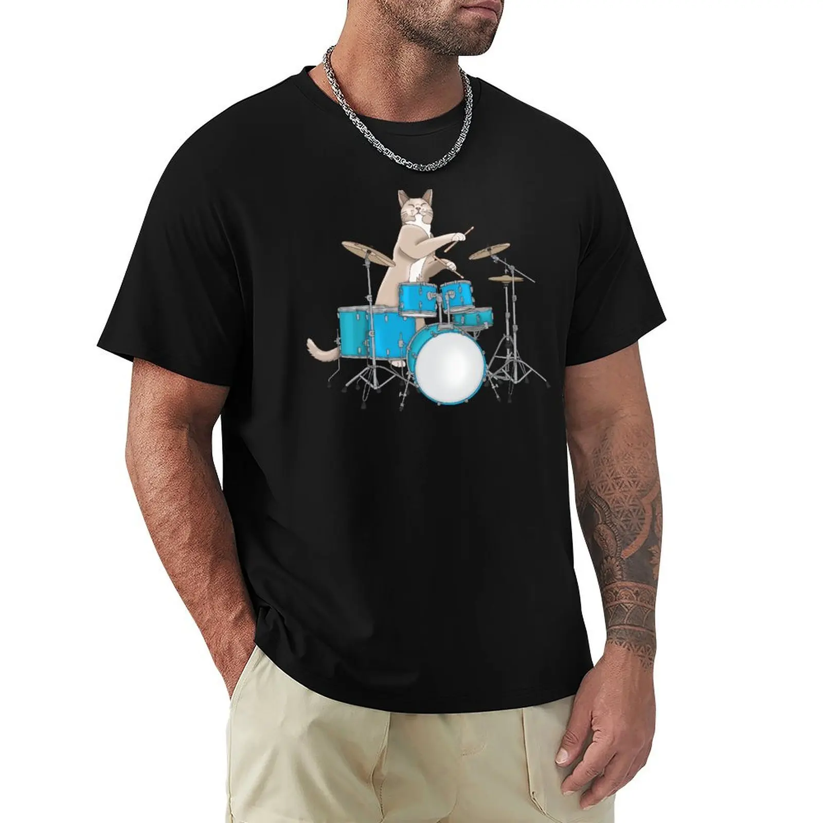 

Cat Playing Drums - Blue T-Shirt Festive Simple T-Shirt