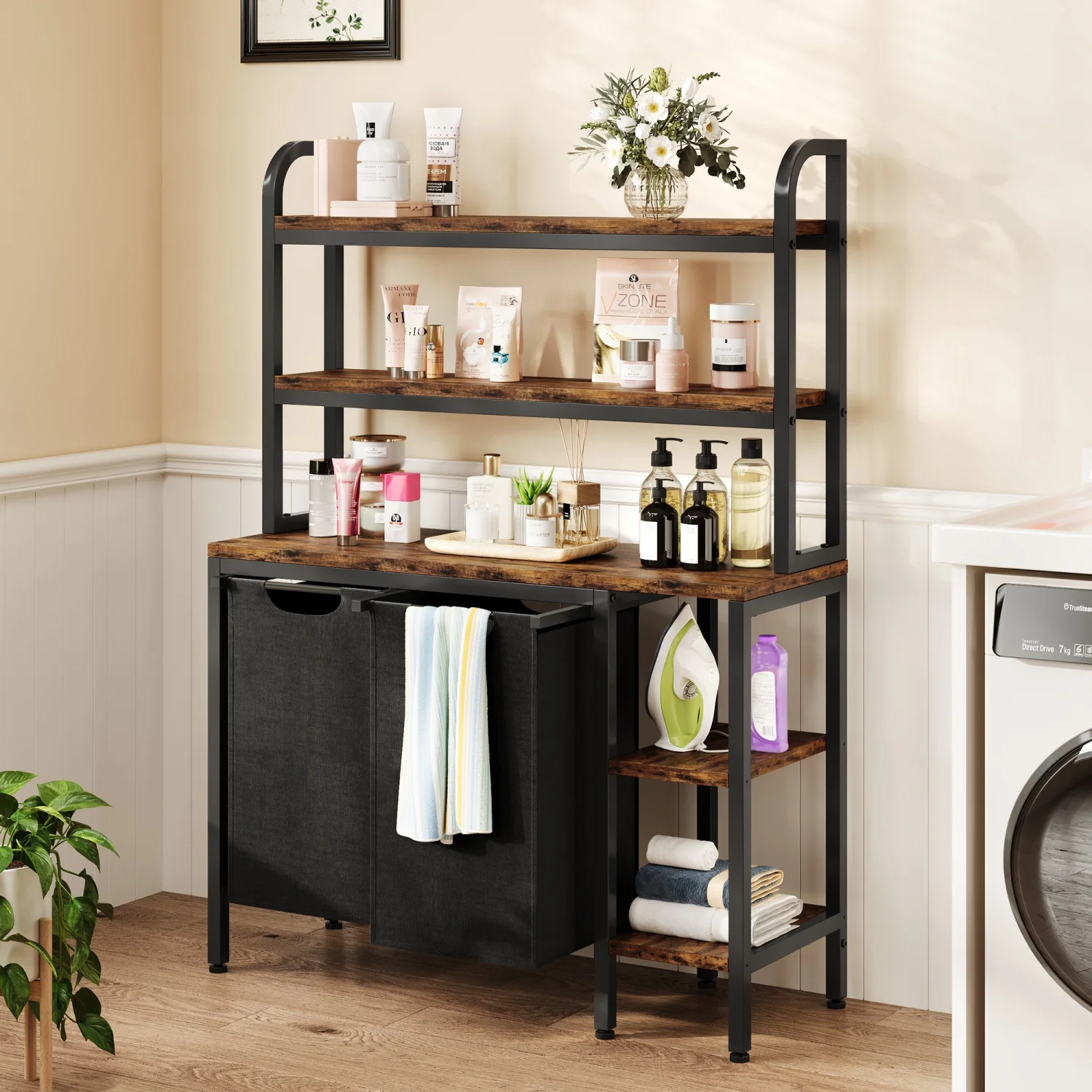 

Корзина для белья, 2-секционный сортировщик белья с 2 съемными выдвижными мешками для белья, корзина для белья с полкой для прачечной, общежития