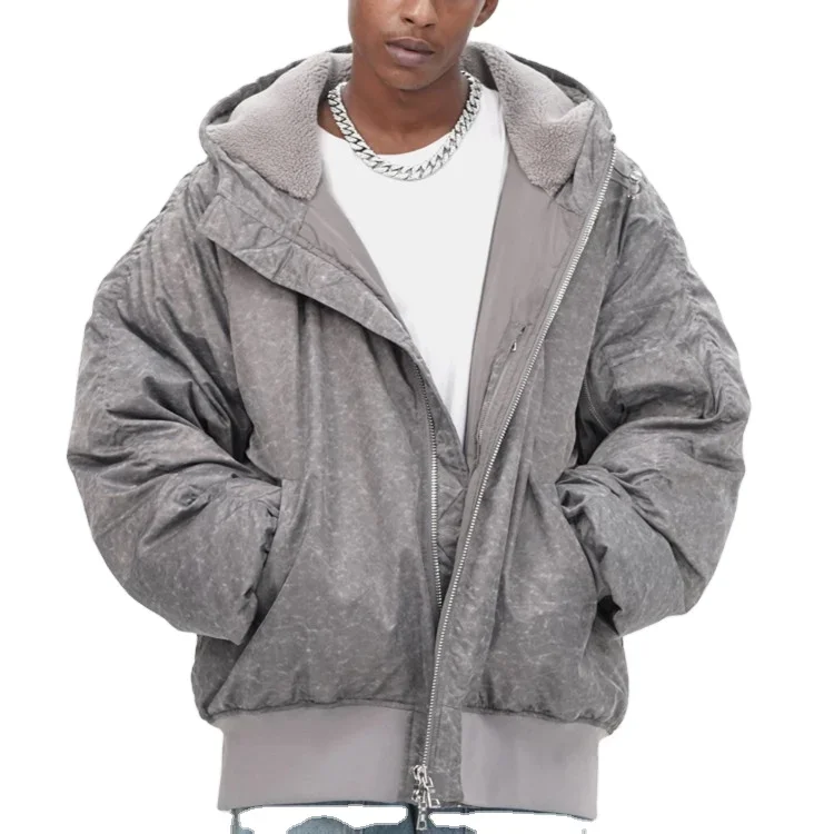 Winter new thickened warm snow pattern flight jacket men's hip-hop loose hooded down jacket with lambs wool hood