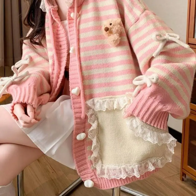 

Свитер, трикотаж, женский свитер больших размеров, ленивый стиль, милый полосатый кардиган с капюшоном, свитер из трикотажной ткани для женщин, осень-зима, повседневный