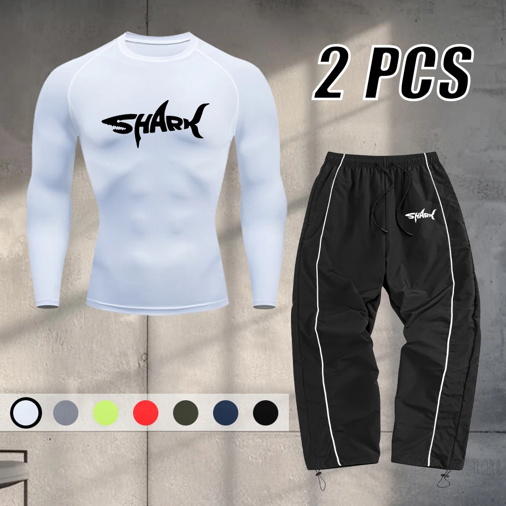 Men's Quick Drying T-Shirt And Drawstring Trousers Sportswear Set With Creative Shark Print Casual Fitness And Running Apparel