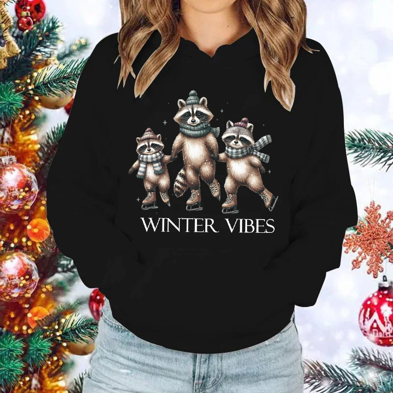 New Christmas Raccoon Winter Vibes Print Hoodie Sweathshirts Men Women Hooded Pullover Unisex Long Sleeve Hoodie Tops Couple Hoo