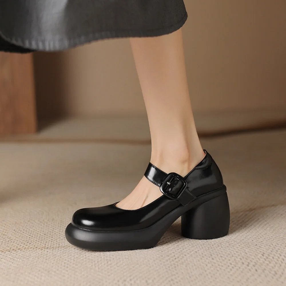 2024 Spring Autumn New Women Buckle Mary Janes Shoes Genuine Leather Dress Shoes Chunky Heel Pumps Retro Ladies Shoe Black White