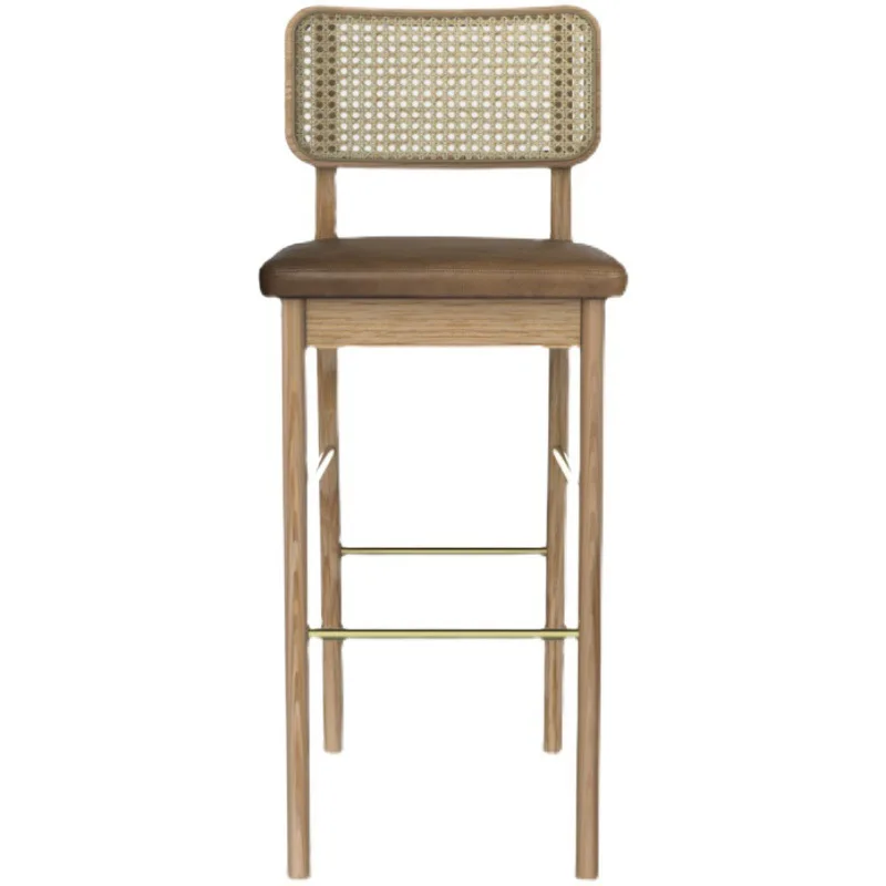 French solid wood rattan bar chair retro simple high chair wooden minimalist cafe bar front desk bar