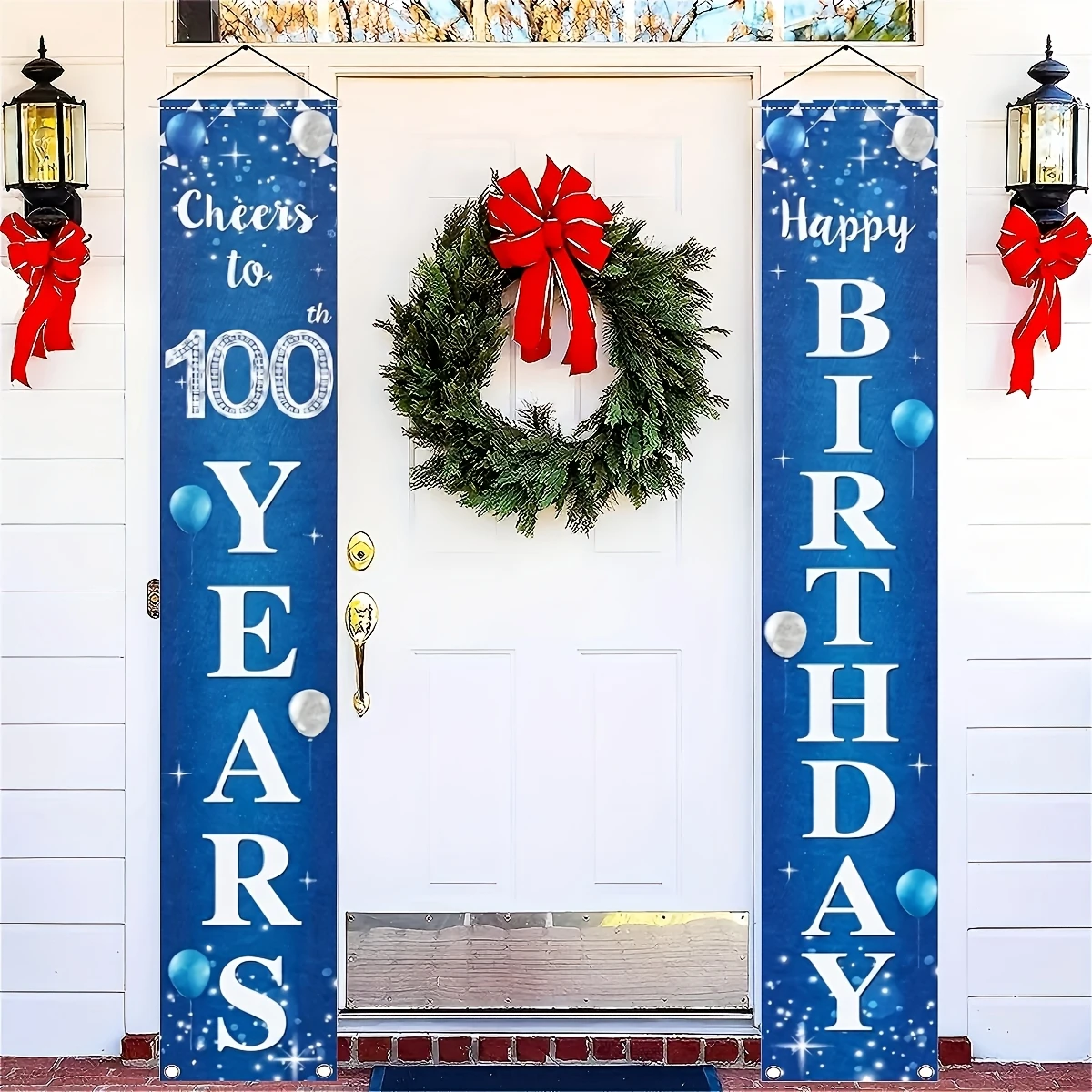 2Pcs Happy 100th Birthday Polyester Door Couplets, 12x70.8 Inches Porch Banners, 100th Birthday Design, No Power Needed