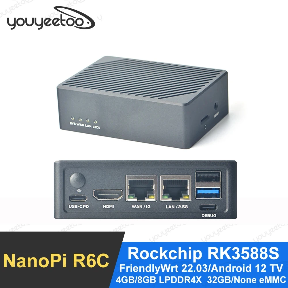 Youyeetoo NanoPi R6C Router Rockchip RK3588S 4GB/8GB RAM 32GB eMMC mini urządzenie bramkowe IoT obsługa systemu Android/FriendlyWrt/Ubuntu