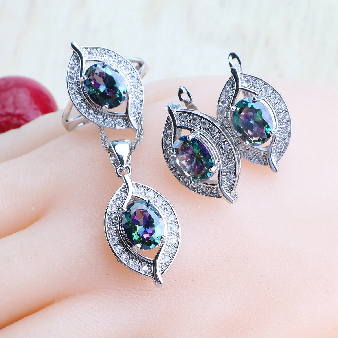 Natural Magic Rainbow Zirconia Jewelry Sets 925 Silver Wedding For Women Rings Pendant Necklace Earrings Bracelets Bridal Set