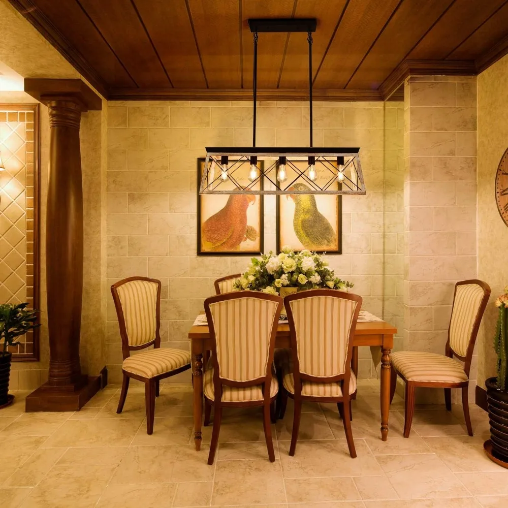 ثريا مستطيلة لمزرعة luupyia ريفية، 5 مصابيح إضاءة جزيرة المطبخ، تركيبات إضاءة الجزيرة الخطية قلادة المزرعة #6