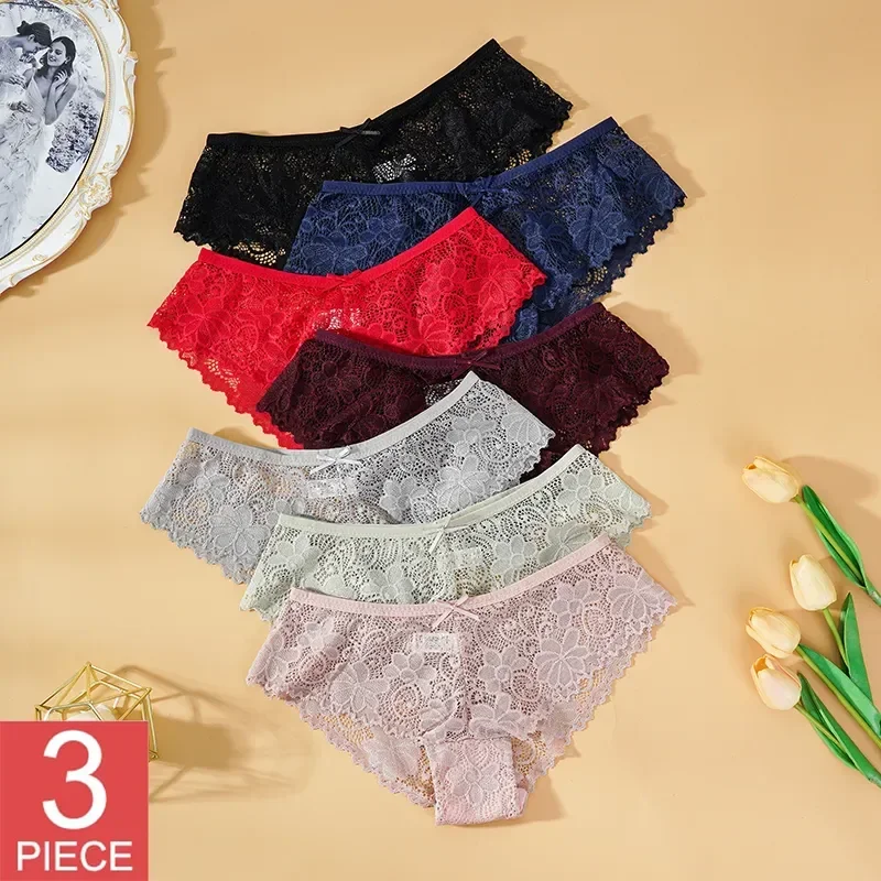 3 Pcs Panties for Woman Underwear Sexy Lace Breathable Soft Lingerie Female Briefs Panty Sexy Transparent Women\'s Underpants