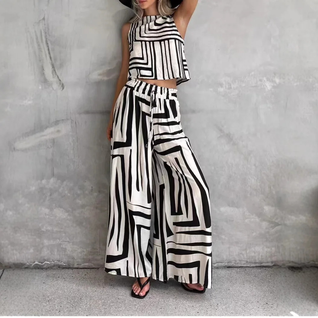 

Casual Printed Two Piece Set Fashion Sleeveless O-neck Single Breasted Top High Waist Lace Up Wide Leg Pants Set For Women