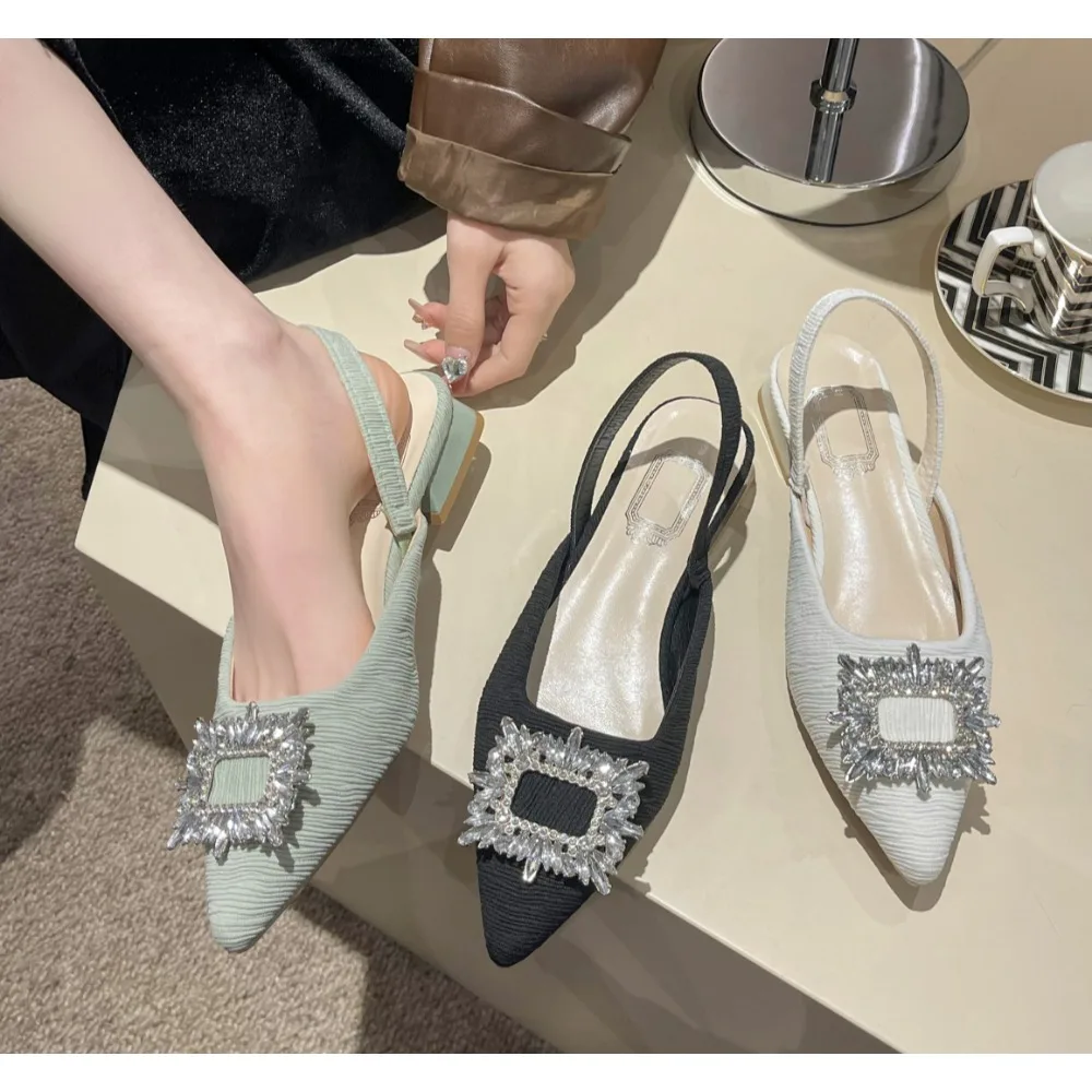 

Women's Heeled Sandals Clear Shoes Designer Woman Rhinestone Medium Pointed Closed Female Gladiator Block Single Shoes Mujer