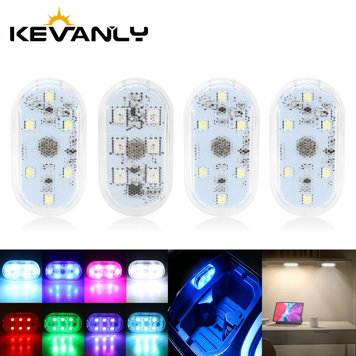 KEVANLY LED Touch RGB Wardrobe Cabinet Light USB Rechargeable Velcro Wireless Mini Reading Lamp Car Interior Ambient Night Light
