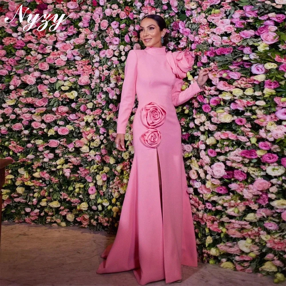

NYZY E479 Elegant 3D Flowers Satin Long Sleeves High Slit Evening Dresses 2025 Pink Mermaid Celebrity Party Gowns Customized
