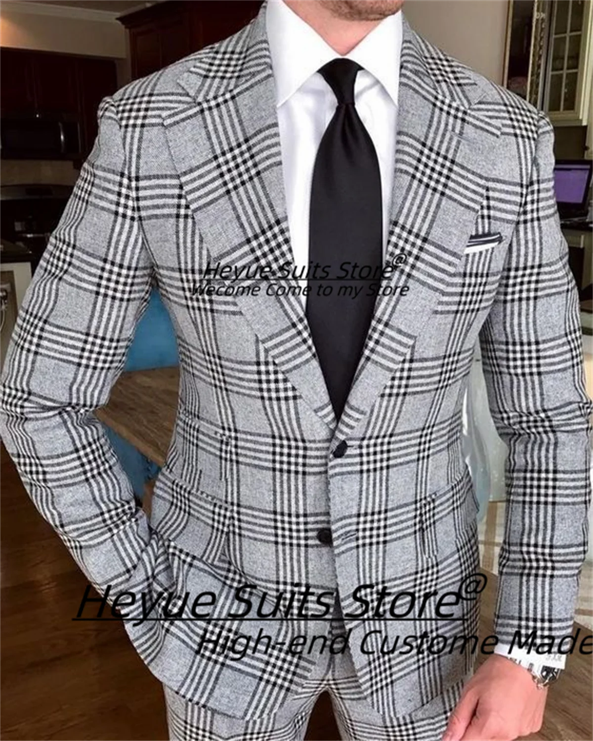 Classic Gray Plaid Men Suits Slim Fit Notched Lapel Groom Formal Tuxedos 2 Pieces Sets High-qublity Male Blazers Ropa Hombre