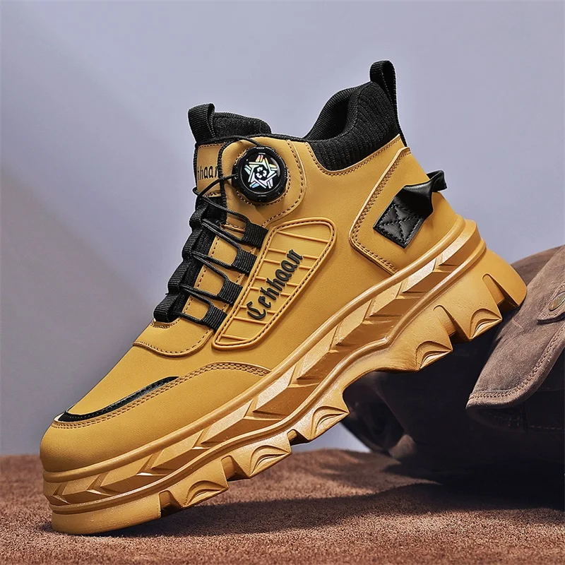 

Yellow Motorcycle Shoes Men Ankle Boots Knob Design Outdoor Men's Working Shoes Platform Anti-slip Biker Boots Man botas hombre