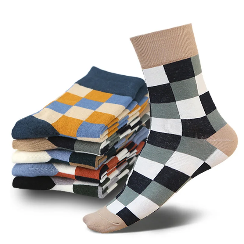 5 Pairs/Lot Combed Cotton Men\'s Socks Compression Socks Fashion Colorful Square Happy Dress Socks Men Size 39-45