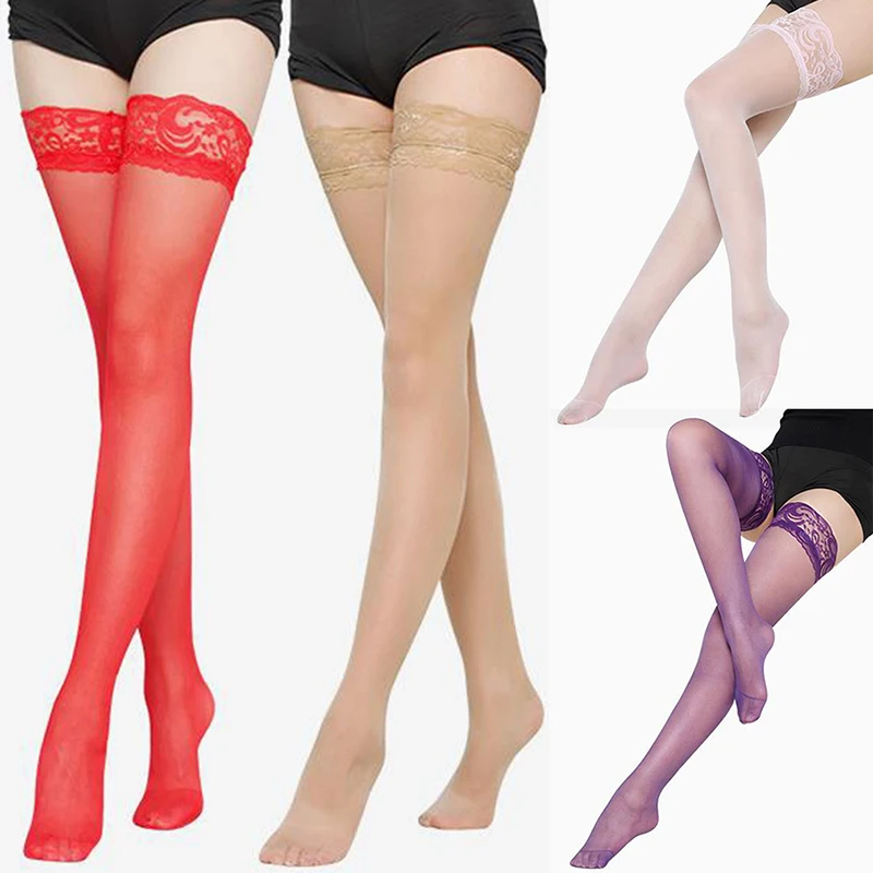 Meias altas de coxa de renda pura sexy para mulheres, meias, rosa, roxo, pele, vermelho, 1 par