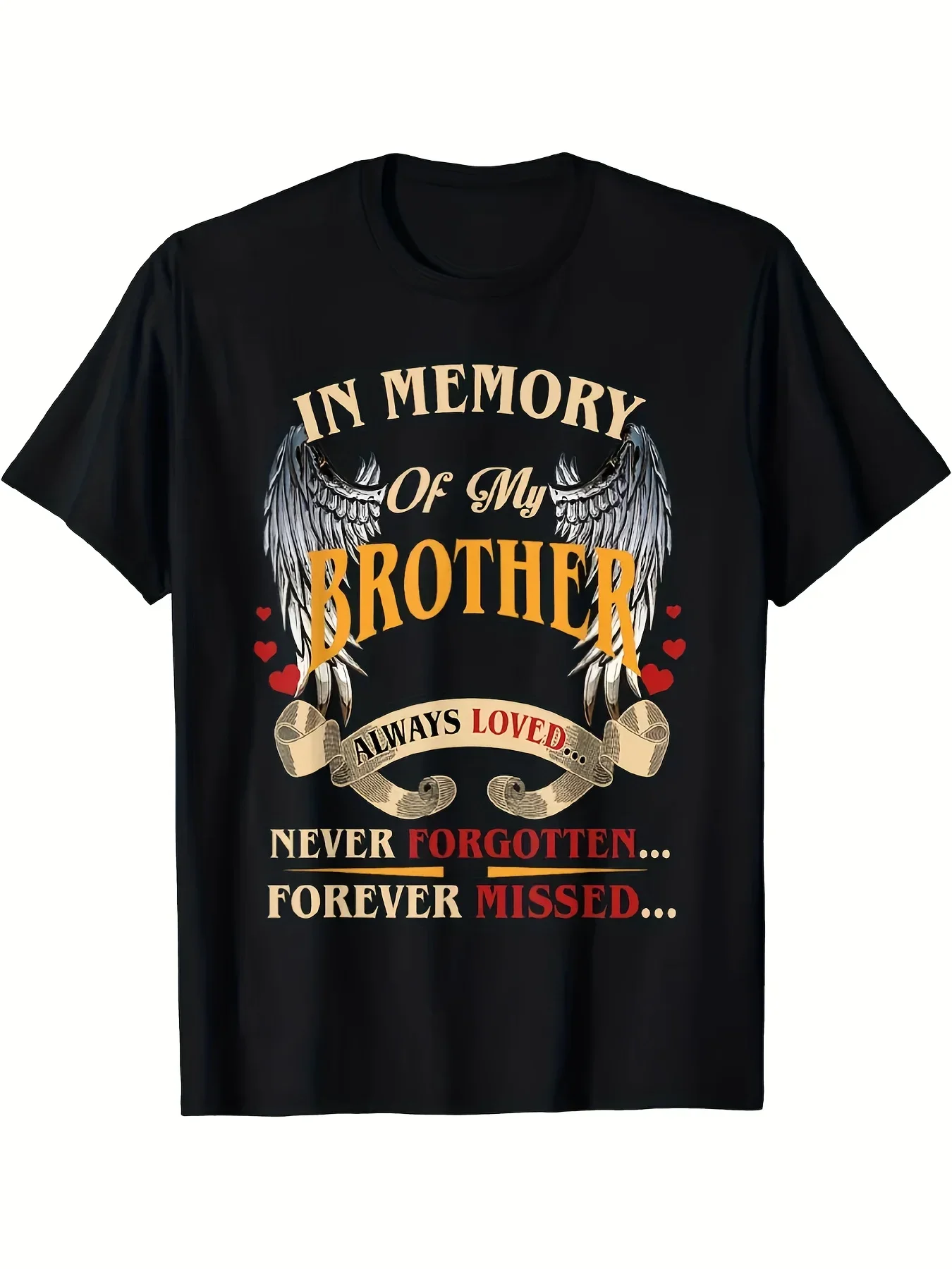 100% Cotton Memorial T-Shirt - In Loving Memory of My Brother with Winged Heart Design, Short Sleeve, Crew Neck - Casual & Comfortable for Casual Attire, Brother Memorial Gifts for Family, Classic  Style, Round Neck Short Sleeves, Machine Washable