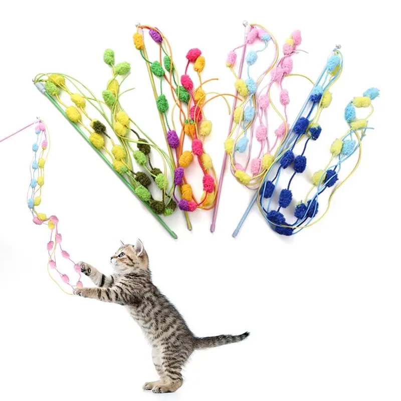 Cat Plush Marshmallow Cat Funny Stick Cat Toy Pom Pom Bell Rainbow Tassel Funny Stick Kitten Catch Playing Pet Toys Supplies