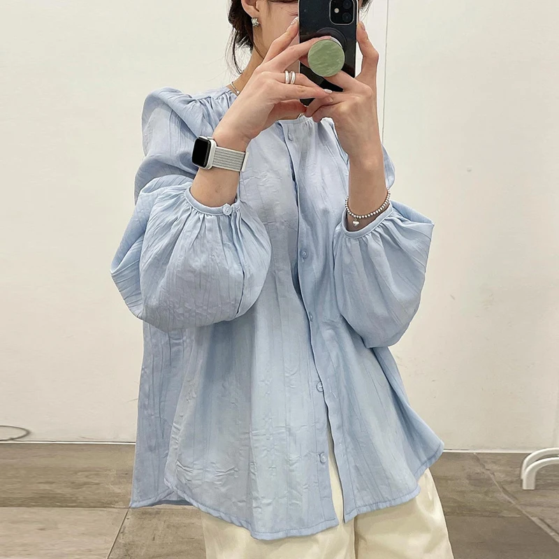 

Шикарный весенний простой элегантный круглый женский топ с одной пуговицей, свободный пузырьковый свек, тонкий солнцезащитный женский топ, несбываемый Ca...