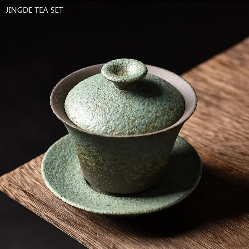 180ML Retro Coarse Pottery Three Gaiwan Household Kiln Change Ceramic Teacup Portable Beauty Tea Bowl Custom Traditional Tea Set