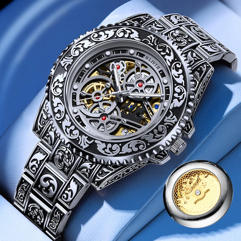 Men Watch Automatic Mechanical High End Light Luxury Hollow Out Retro Carving Male Fully Automatic Mechanical Watches Clock