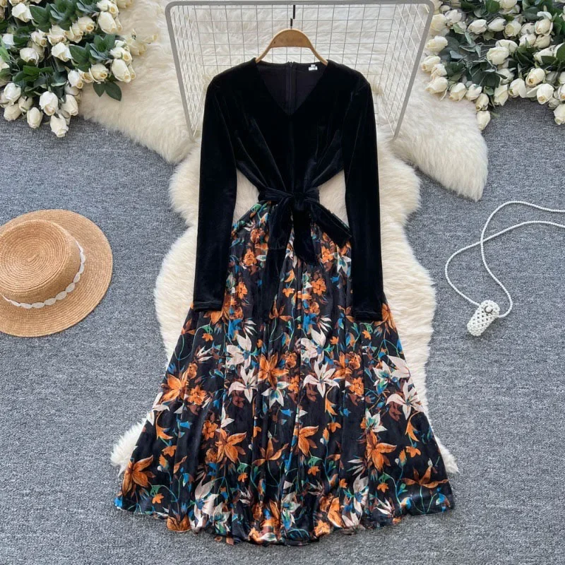 Sweet Floral Women Dress 2025 Vestidos De Mujer Bandage Slim Waist Patchwork Velvet Robe Femme A-line Vintage Thicked Dresses