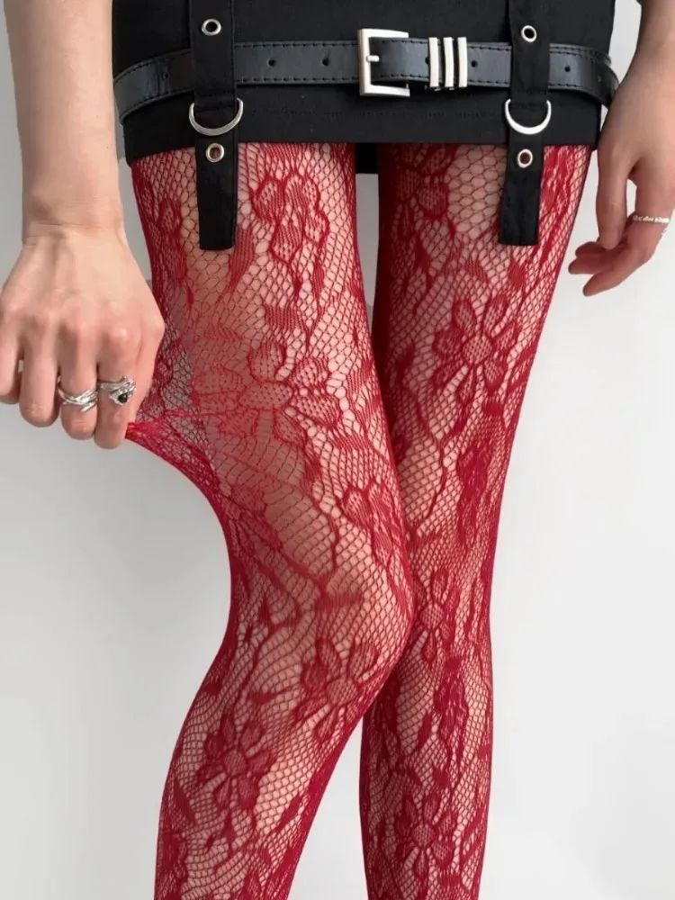 Hot Sale Winered Flower Fishnet Pantyhose Women Sexy Hollow Out Mesh Tights Gothic Lolita Japanese Style Nylon Slim Stockings