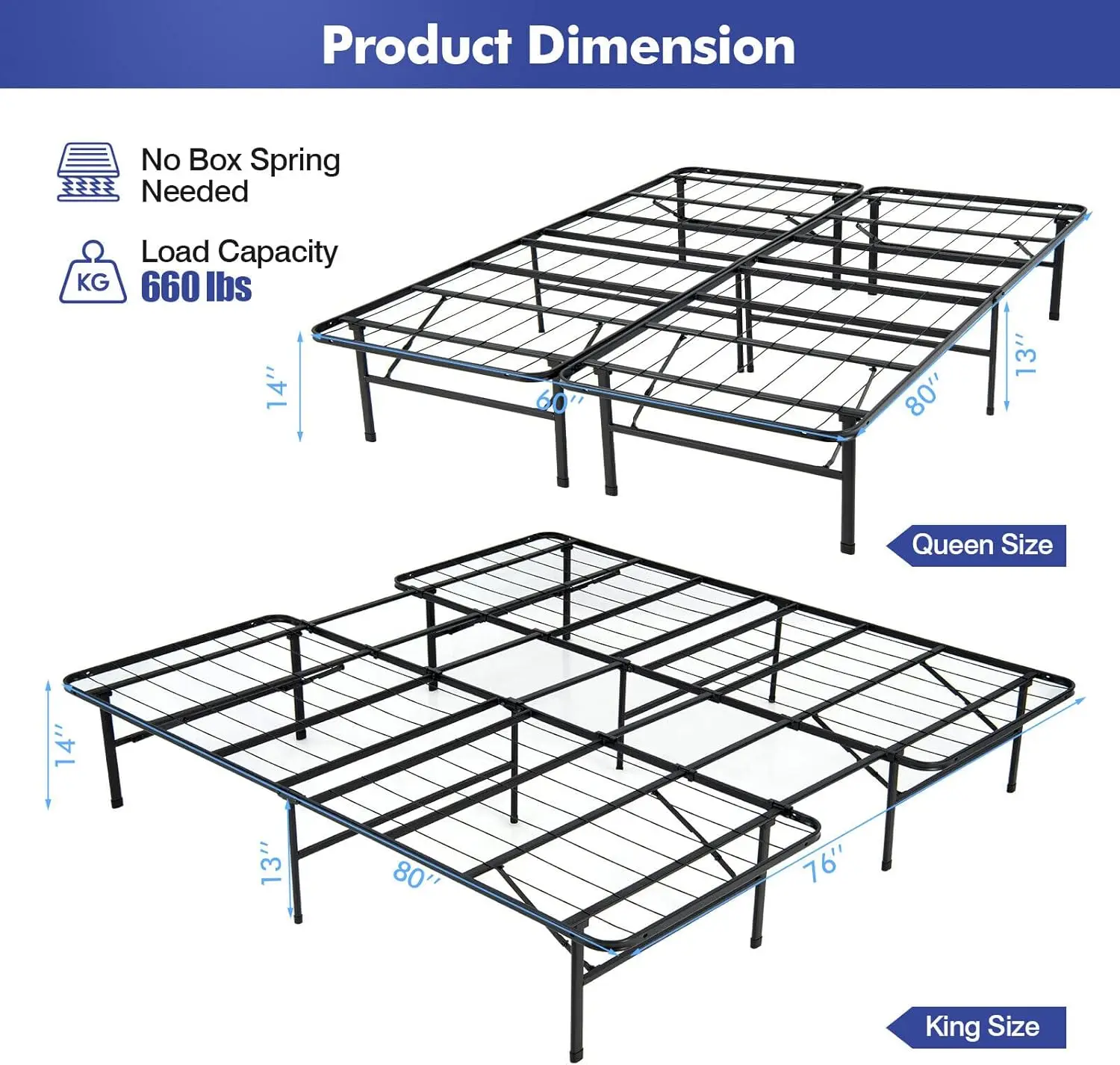 إطار سرير قابل للطي، قاعدة سرير محمولة بحجم كوين/كينج للأطفال والمراهقين والكبار، مجموعة خالية من الأدوات، لا حاجة إلى صندوق زنبركي، 660 رطل